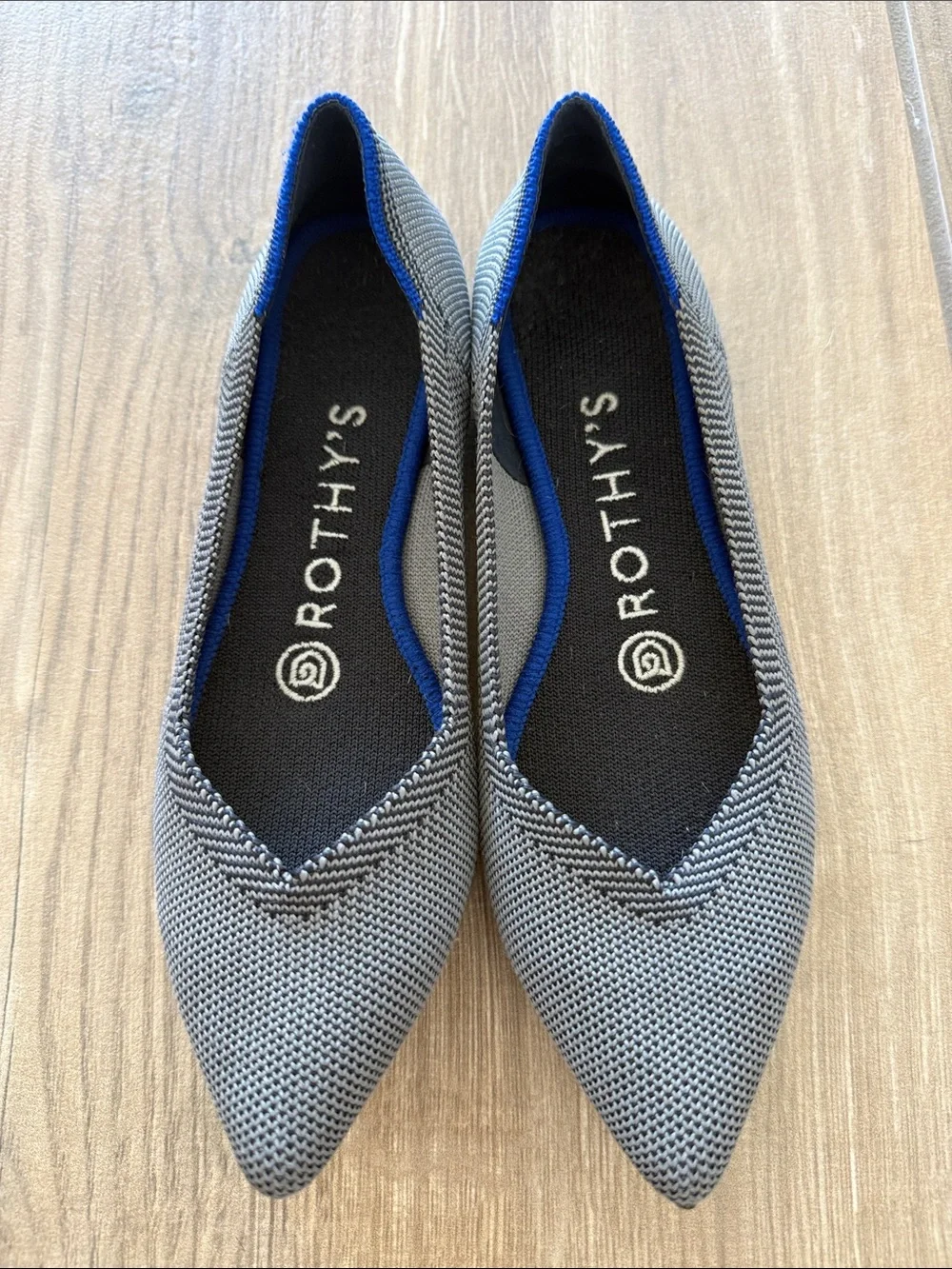Rothy's Pointed Knit Flats in Gray with Blue Trim